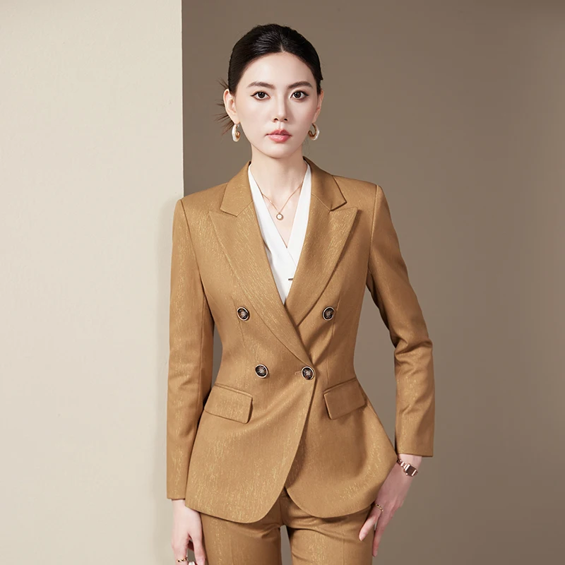 

NAVIU Высококачественный офисный женский брючный костюм, однотонный женский деловой рабочий костюм, двубортный пиджак и брюки, официальные комплекты