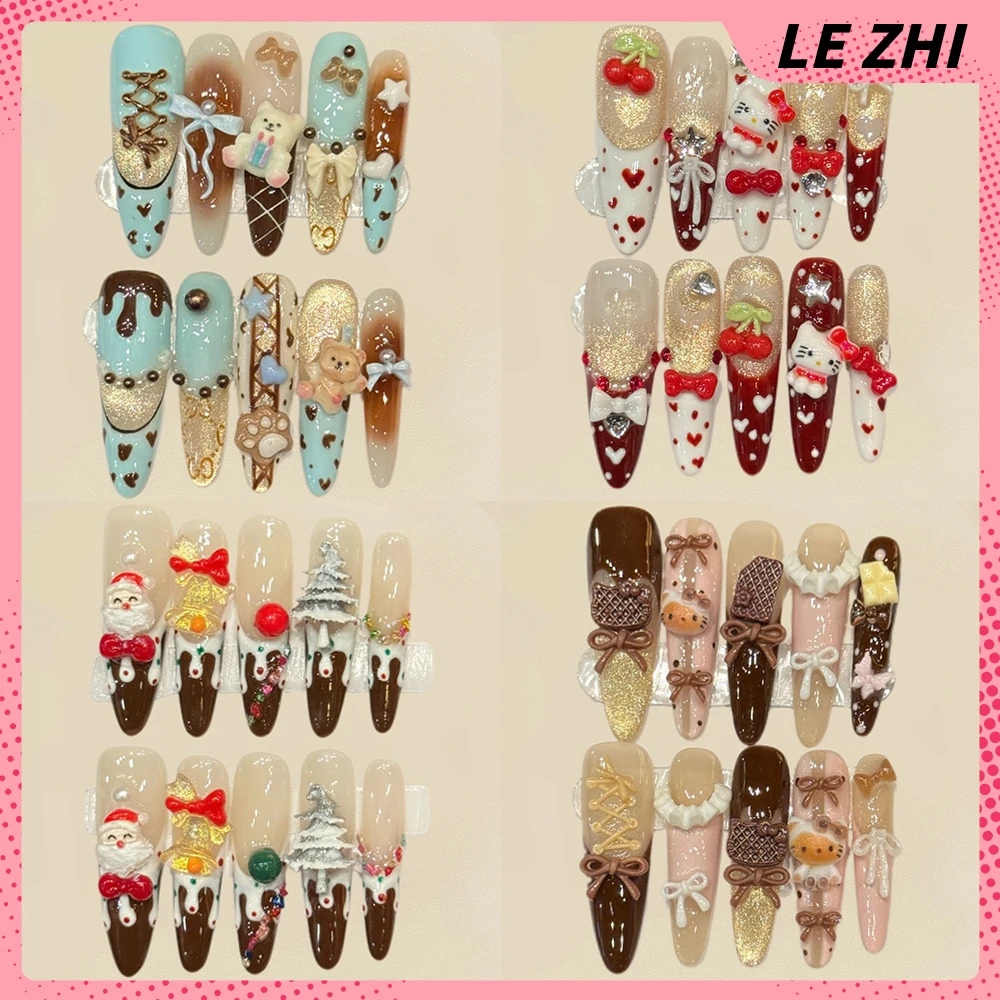 

Sweet Lovely Hello Kitty Bear Handmade Long Stiletto Reusable Press On Nail Bow Pearl Chocolate French Fake Nail Christmas Gifts