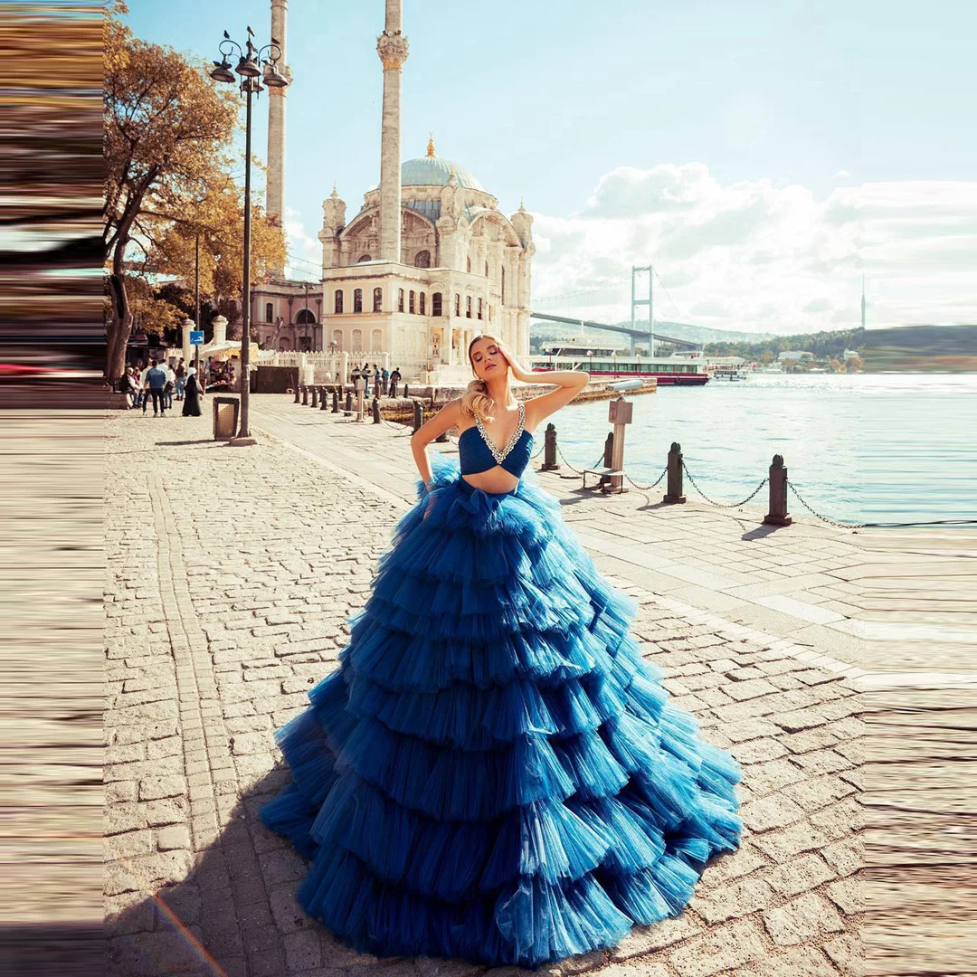 

Royal Blue Deep V Neck Crystal Prom Gowns Puffy Tiered Ruffles Tulle Evening Dress A Line Ruffled Lush Mesh Long Formal Dresses