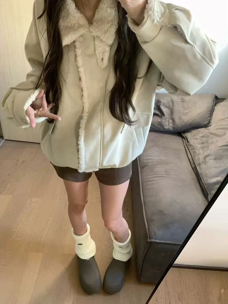 

American Retro Lamb Fur Collar Cotton Jaet Women Winter Thi Warm Loose Cotton Padded Upper Apparel Korean Sle Long Sve