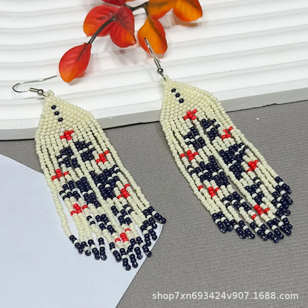 

ZGMXR Rice bead earrings Geometry Irregular Tassel Hand-woven Fashion Creativity Bohemia Alloy Woman Simple Beaded earrings