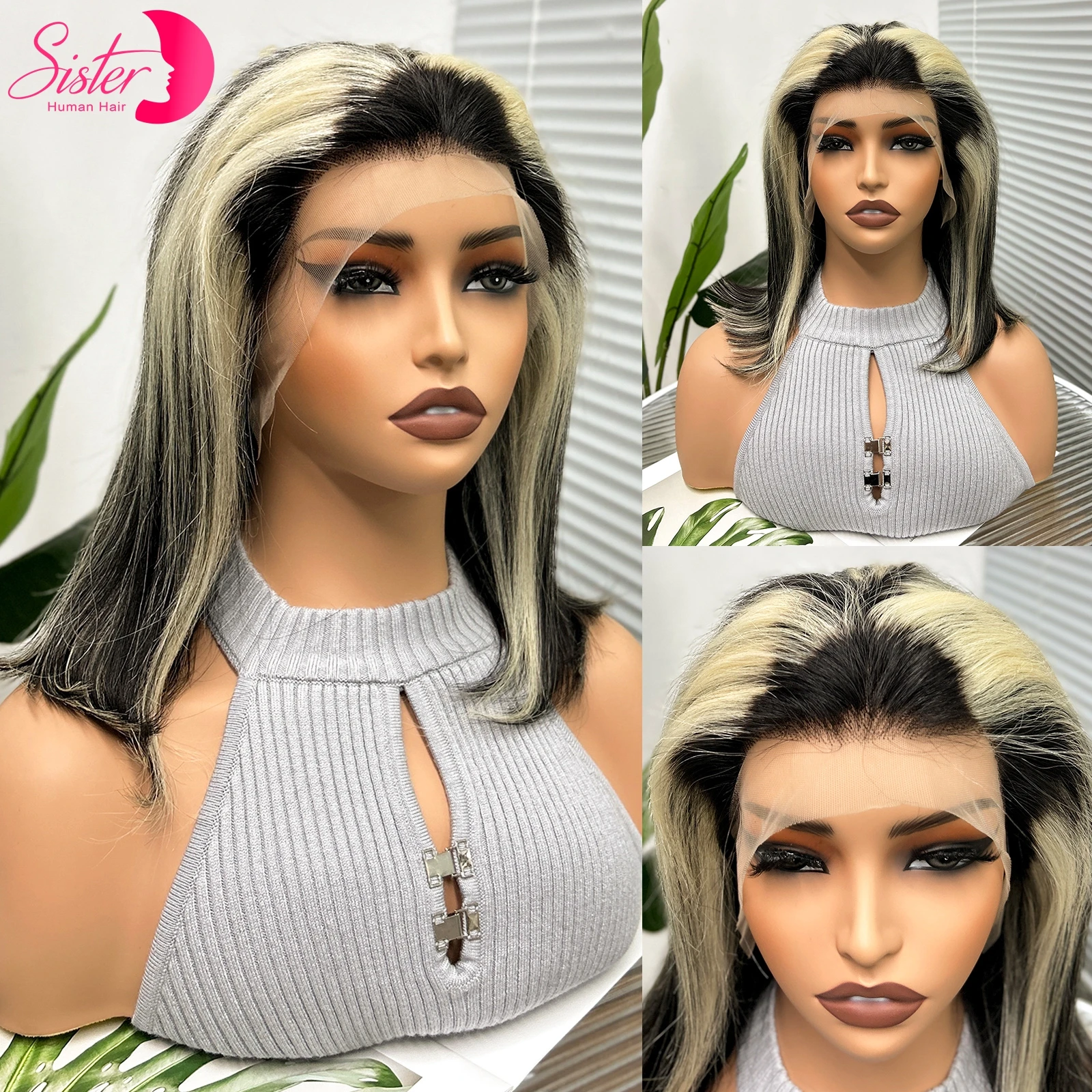 

12A Double Drawn Grey Mix Blonde Straight Short Bob Wigs 250% Density 13x4 Lace Frontal 100% Raw Human Hair Wigs For Women