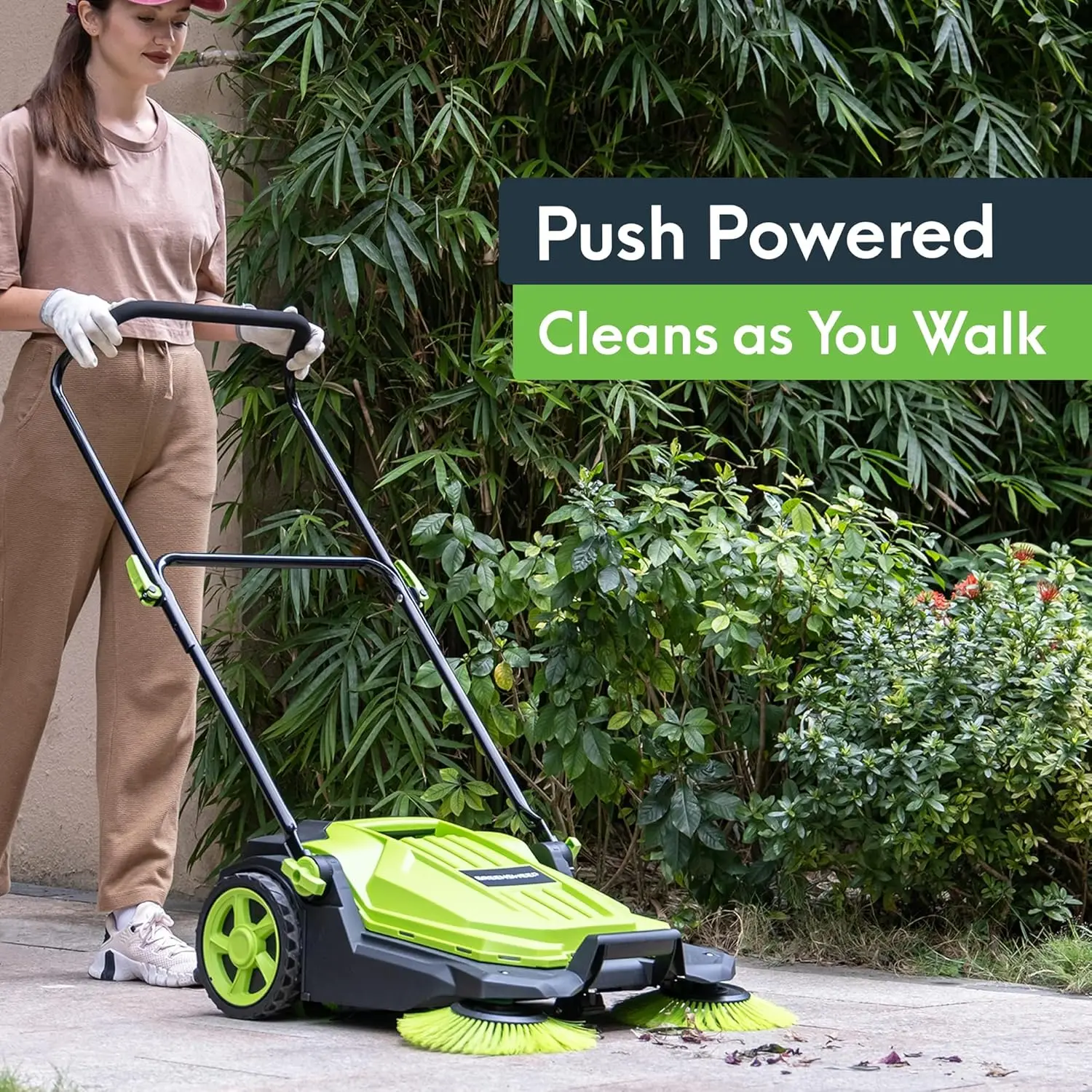 Walk Behind Manual Push Floor Sweeper - 5 Gallon Capacity - Easy Storage ,Outdoor Use  Additonal Heavy Duty Brush Set