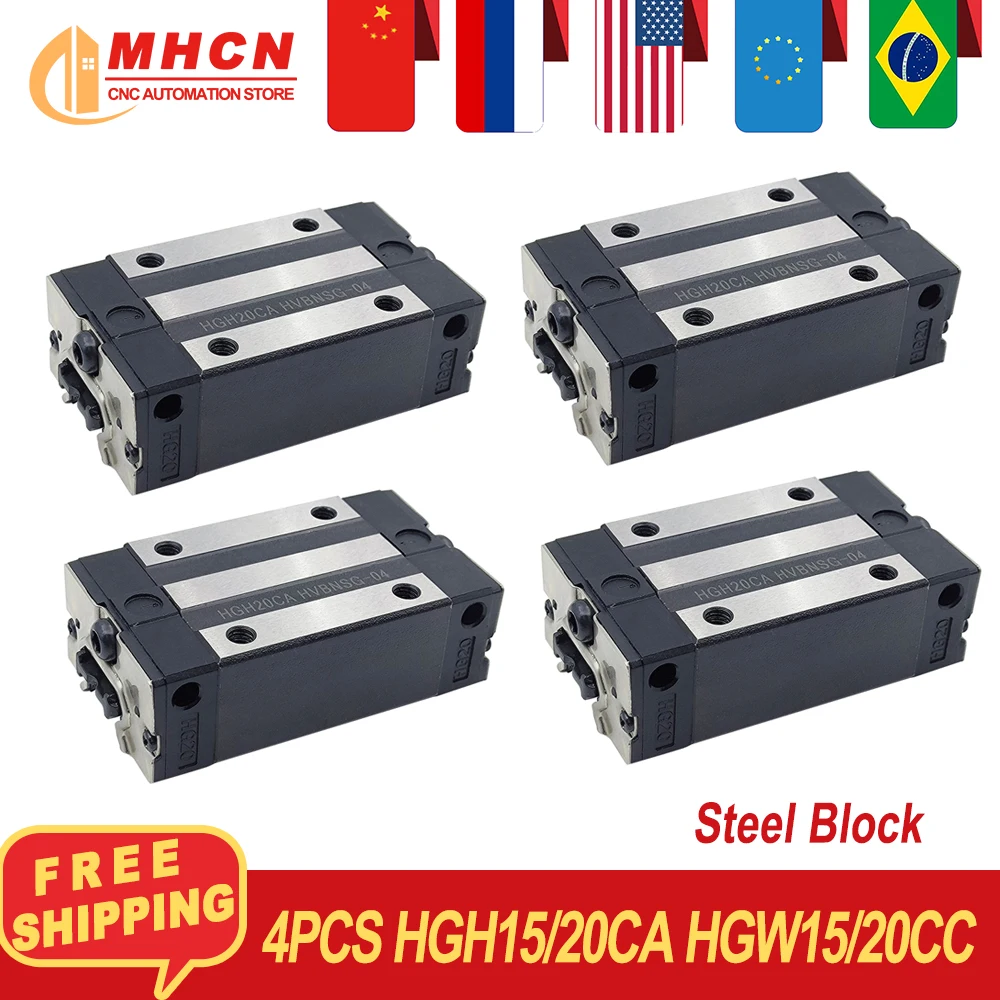 MHCN 4PCS HGH15CA HGH20CA HGW15CC HGW20CC Steel Cage Carriages HGR20 Linear Guide Rail Block HR15 HR20 Guide For CNC