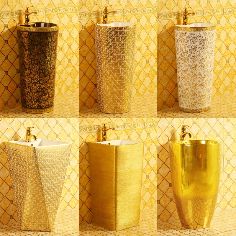 

Light luxury European gold electroplating integrated column basin floor wash basin bathroom hotel special