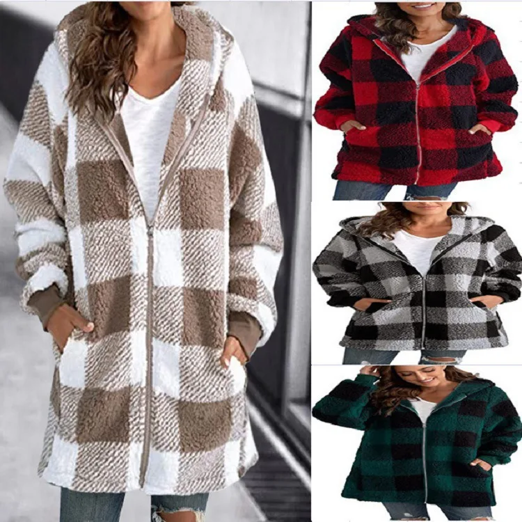 

Autumn and Winter Women's Hooded Patchwork Zipper Pockets Plaid Loose Fitting Fashion Casual Elegant Commuter Long Sleeve Tops