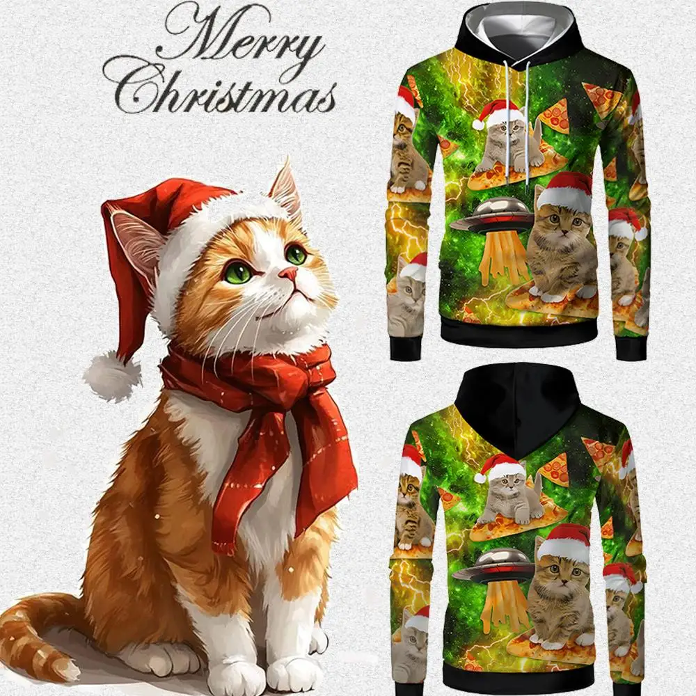 

Christmas New Style Fun Cat Print Hoodie Autumn And Winter Street Fashion Sweatshirt Men And Women Holiday Essential Clothing