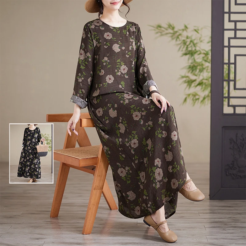 

Ретро Ранняя осень Хлопок Лляна Длинная све Цветочный принт Dr Большой размер Женская круглая юбка больших размеров Ne Hidden Meat Длинная...