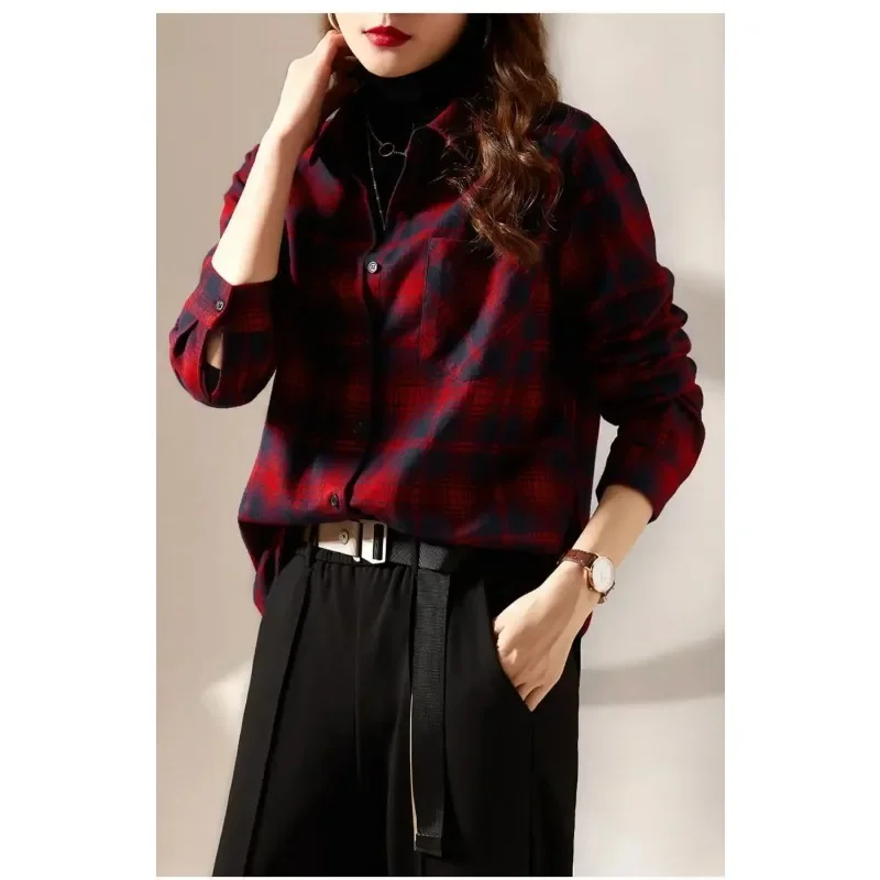 Trendy Plaid Shirt Women Long-sleeved Spring Autumn Blouse New Design Top Casual Versatile Shirt Jacket Blouses Shirts Lapel