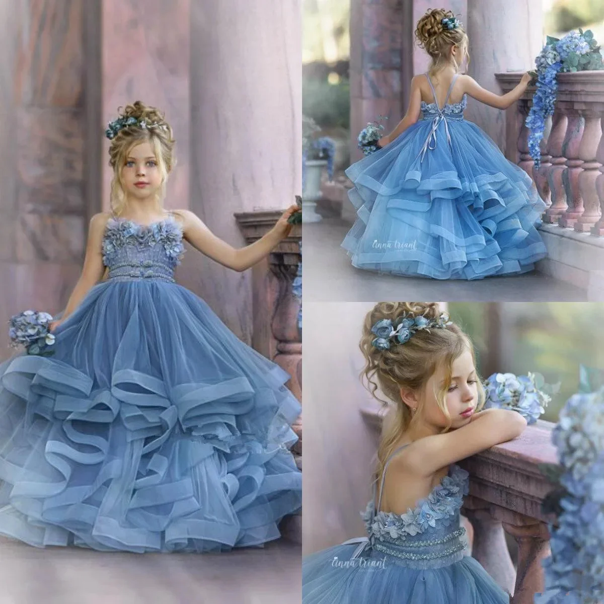 Blue Flower Girl Dresses For Wedding 3D Flower Pearls Sleeveless Backless Kids Birthday Party First Communion Ball Gown