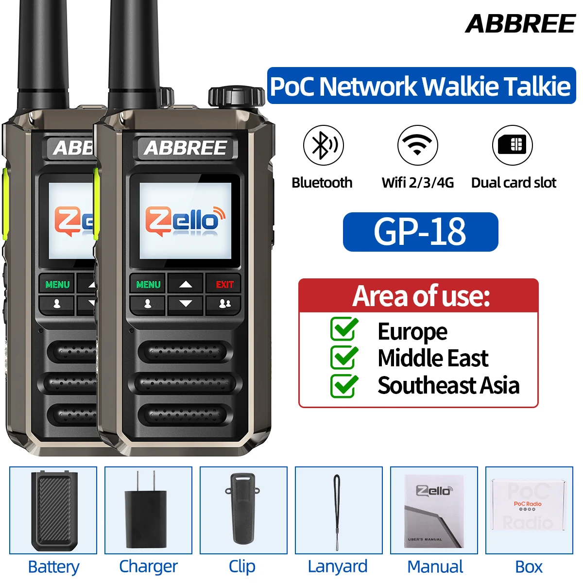 ABBREE GP-18 Zello PoC Radio Global Onbeperkt Afstand Dual Sim-kaartsleuven Android Bluetooth Zaklamp WIFI 3G /4G Netwerk Radio