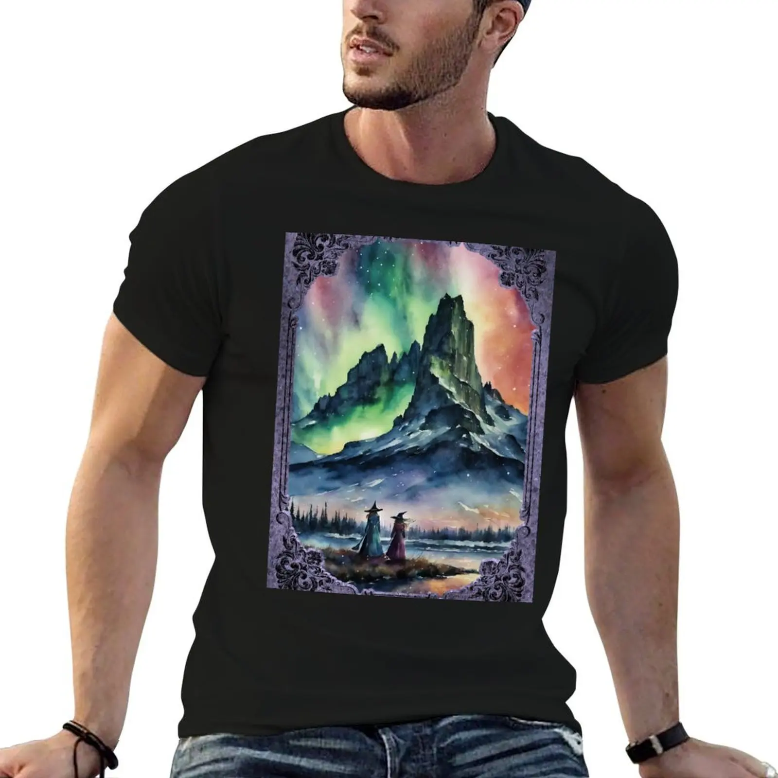 

Winter Witches Watch the Northern Lights by Lyra o'Brien T-Shirt man t shirt summer t shirts for man pack cotton T-Shirt