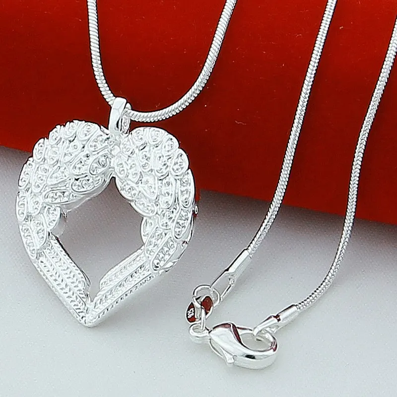

925 Sterling Silver Angel Wings Heart Pendant Necklace 18 Inch Snake Chain For Women Wedding Party Jewelry Gift