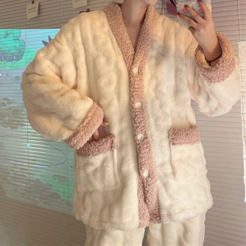 Coral Fleece Pajamas Women New Autumn and Winter 2024 Thickened Fleece-lined Graceful Couple Online Celebri Home Wear Set