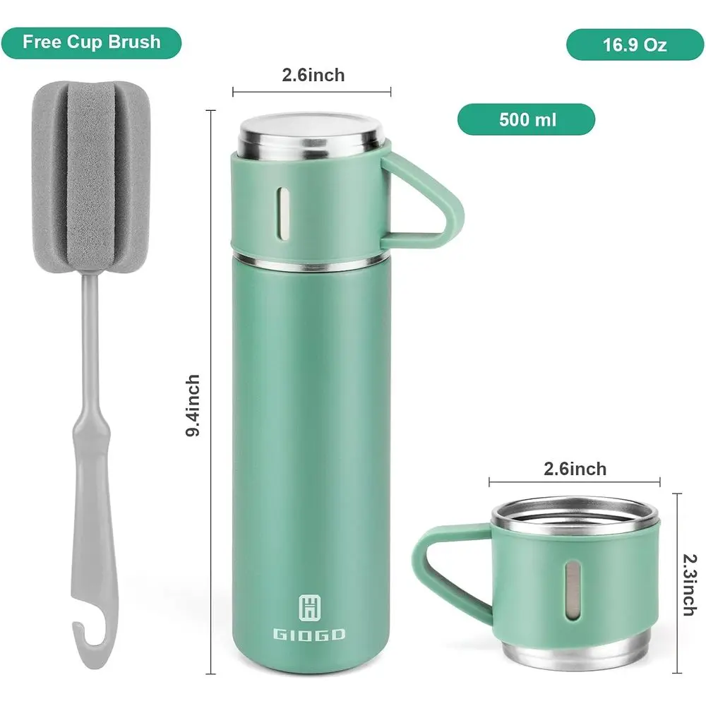 500ml Vacuum Insulated Stainless Steel Bottle with Cup - Keeps Drinks Hot or Cold (Green, Single)