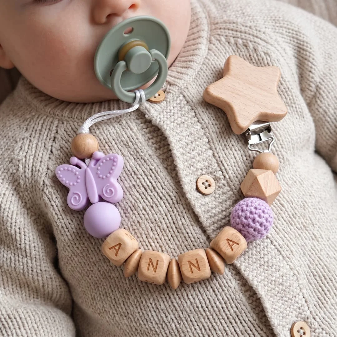 Personalized Pacifier Clip Custom Name Baby Pacifier Holder Butterfly Silicone Charm Wooden Beads Crochet Ball Newborn Gift