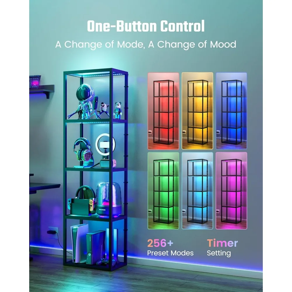خزانة عرض SUPERDANNY مع ضوء RGB، خزانة كوريو مع جهاز تحكم عن بعد/تطبيق، مصباح أرضي LED قابل للتعتيم مع أرفف، شاشة زجاجية