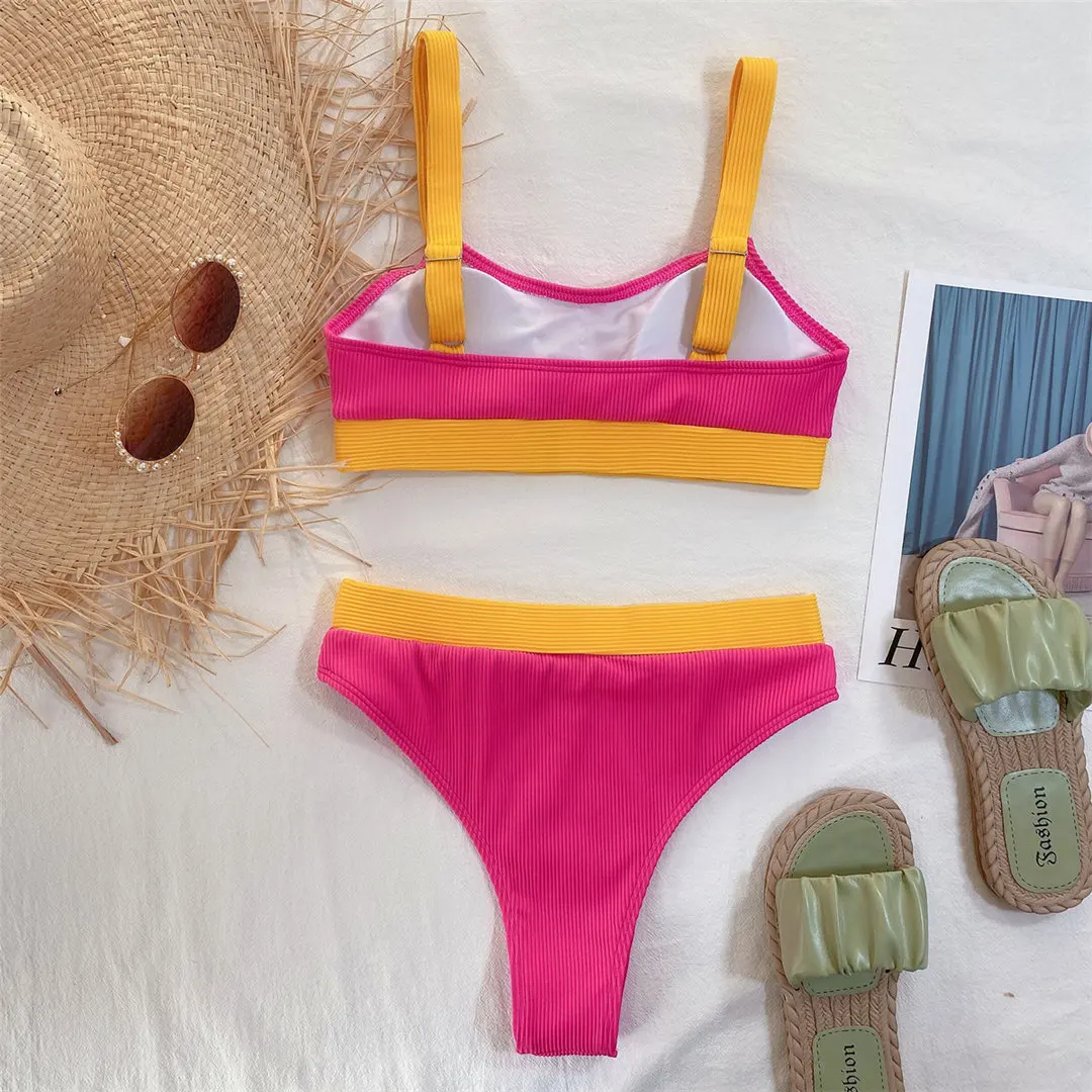 Neuer, verführerischer, gerippter Badeanzug mit aufgesetzten Elementen, hoch geschnittener Bikini, Damen-Badebekleidung, zweiteiliges Bikini-Set, Badeanzug, Badebekleidung, Modell V2329. – Detail 30
