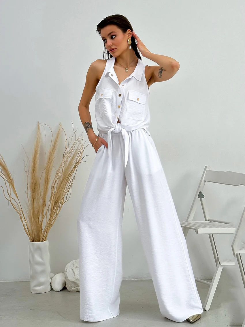 Marthaqiqi White Fashion Women'S Nightwear Suit Sleeveless Pajamas Turn-Down Collar Nightgowns Pants Autumn Ladies Sleepwear Set