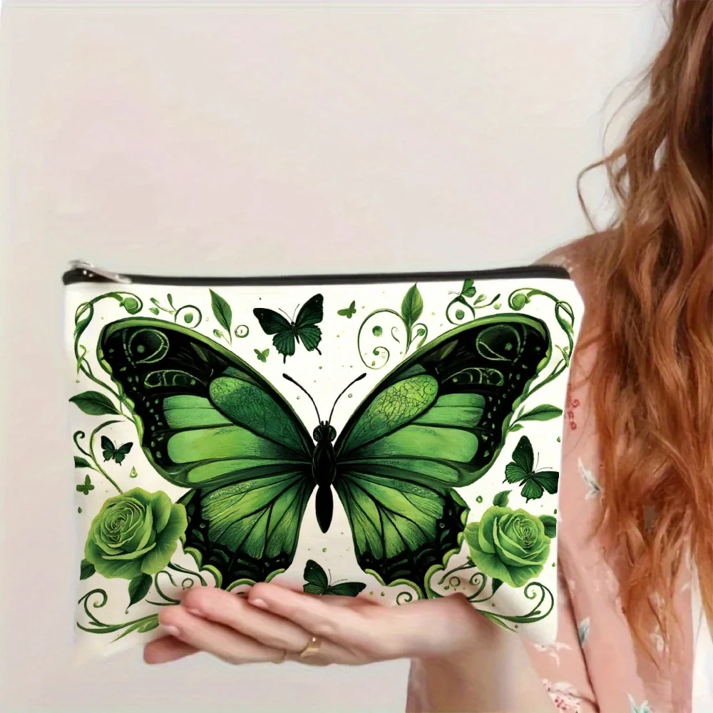 A Green Butterfly Floral Printed Makeup Bag - Cute Multi-functional Zipper Pouch, Jewelry Storage Bag