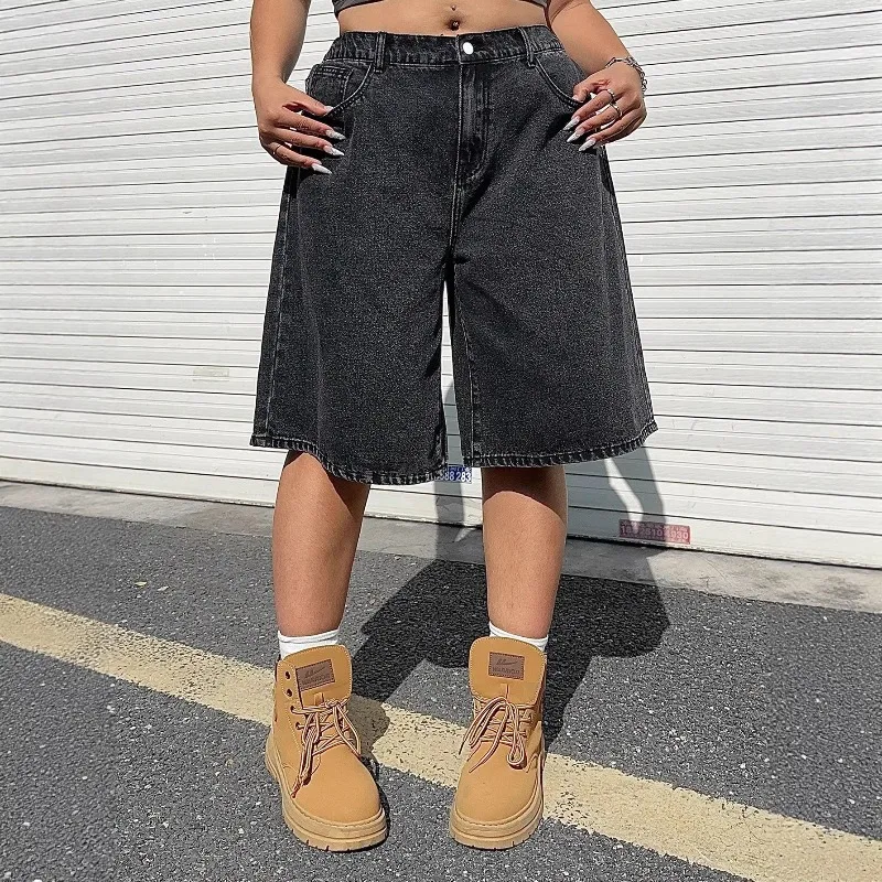 

KEXU Plus Size Pants 2026 Oversized Vintage Denim Five Quarter Pants Loose Straight Leg Mid Length Pants Street Style