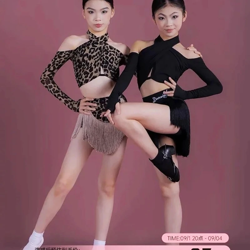 Line dance clothing Stage costume fringe skirt Leopard Latin dance competition costume tassel Dance latin american outfit image 2