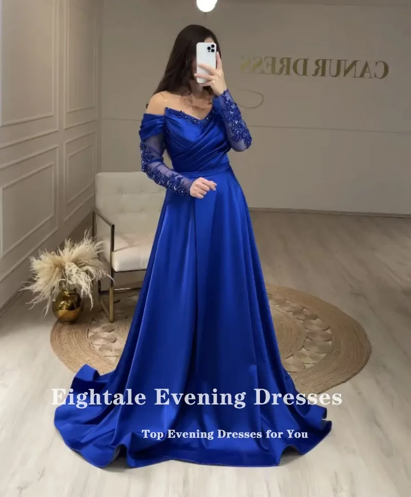 Eightale-vestido de noche azul real para boda, vestido de fiesta de satén con apliques de cuentas, manga larga, plisado, elegante, línea A, para graduación