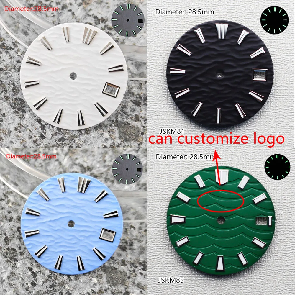 28.5 ミリメートル NH35 ダイヤルグリーン発光リップルパターンダイヤル NH35 自動ムーブメント時計アクセサリーに適したロゴをカスタマイズすることができます