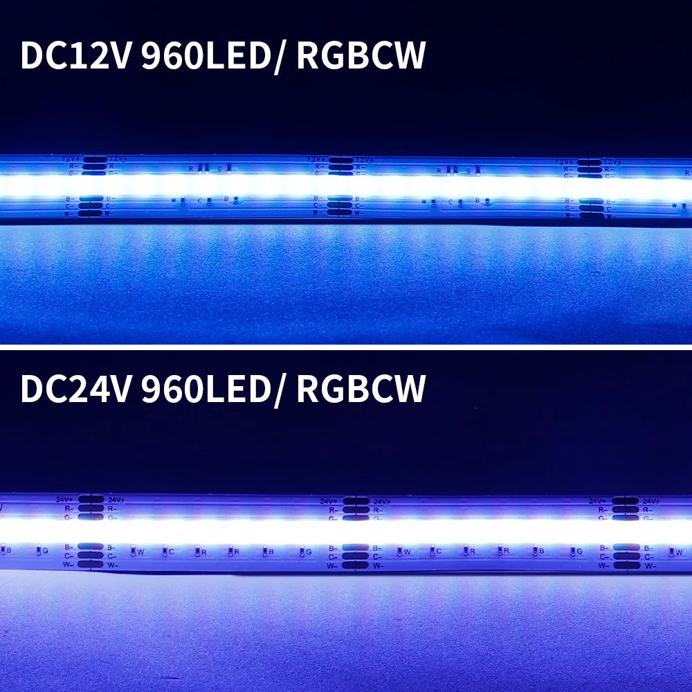 COB RGBCCT LED قطاع ضوء 6Pin 12 مللي متر DC12V/24 فولت 960 المصابيح/م RGB CW WW فوب مرنة COB أضواء خطية عالية الكثافة RA90 عكس الضوء 18 واط