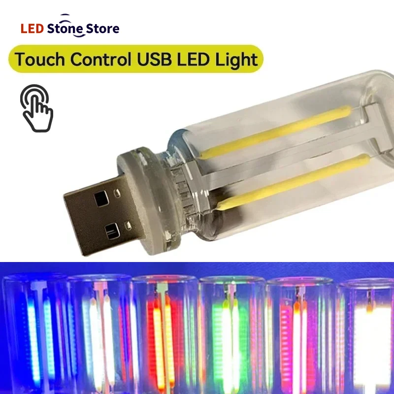 Car USB Night Light Touch Dimmable LED Filament Lamp Portable Lighting Plug and Play Decorative Atmosphere Light for Car Bedroom