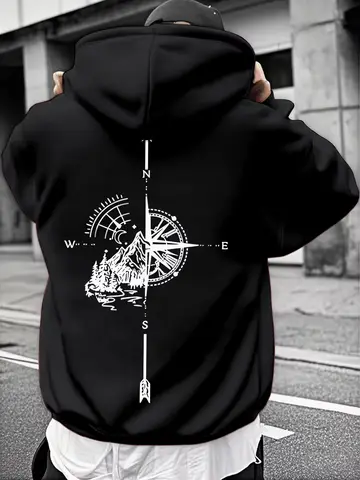 Men's and women's loose hooded sweatshirts for autumn and winter, printed with compass and mountain patterns, comfortable fabric