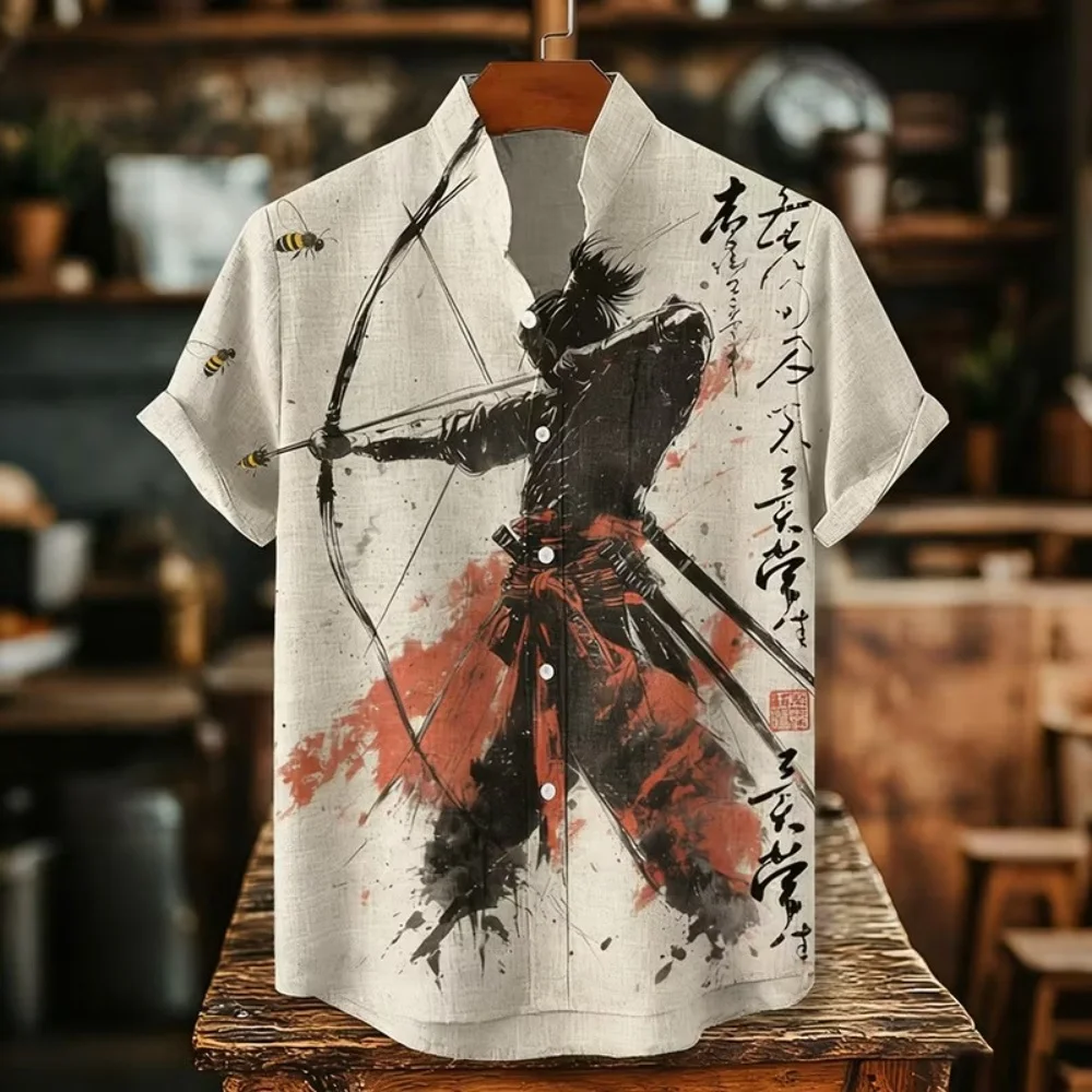 

Unisex Retro Ink Splash Samurai Archer Print Linen Shirts Men Japanese Stand Collar Short Sleeve Casual Button Down Shirt
