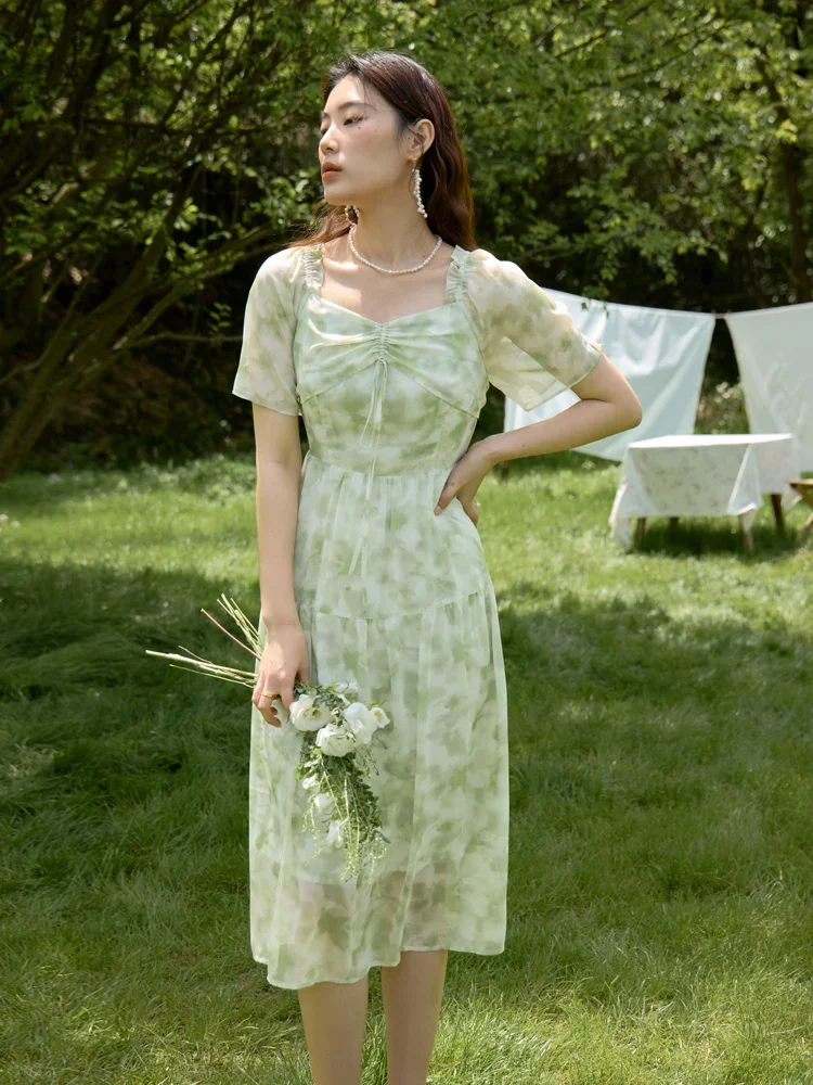 DUSHU Summer Romantic French Style Floral Long Casual Dress 2024 New Printed Ladies Chic Long Dress 24DS82620 24DS82851