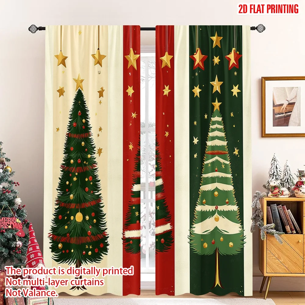 

2pcs 2D flat printing Christmas Curtain Christmas Tree Stars Ornaments 100% Polyester Fabric Without Electricity Family Party