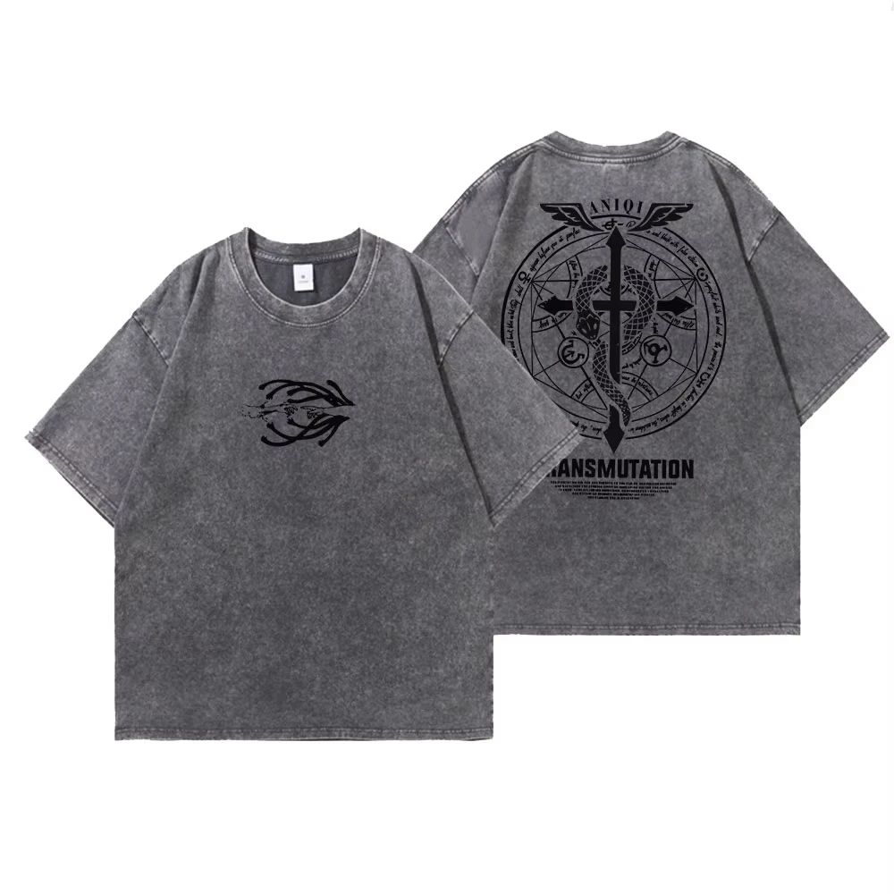 Camiseta lavada Vintage de Anime Fullmetal Alchemist, camisetas de algodón de gran tamaño Harajuku, camiseta de algodón para hombre, ropa de calle de moda, Top Unisex