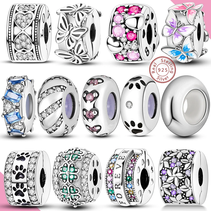 Charms Fit Original Beads 925 Sterling Silver Clip Charms Zircon Silicone Spacer Beads Fit Bracelet Women DIY Gift