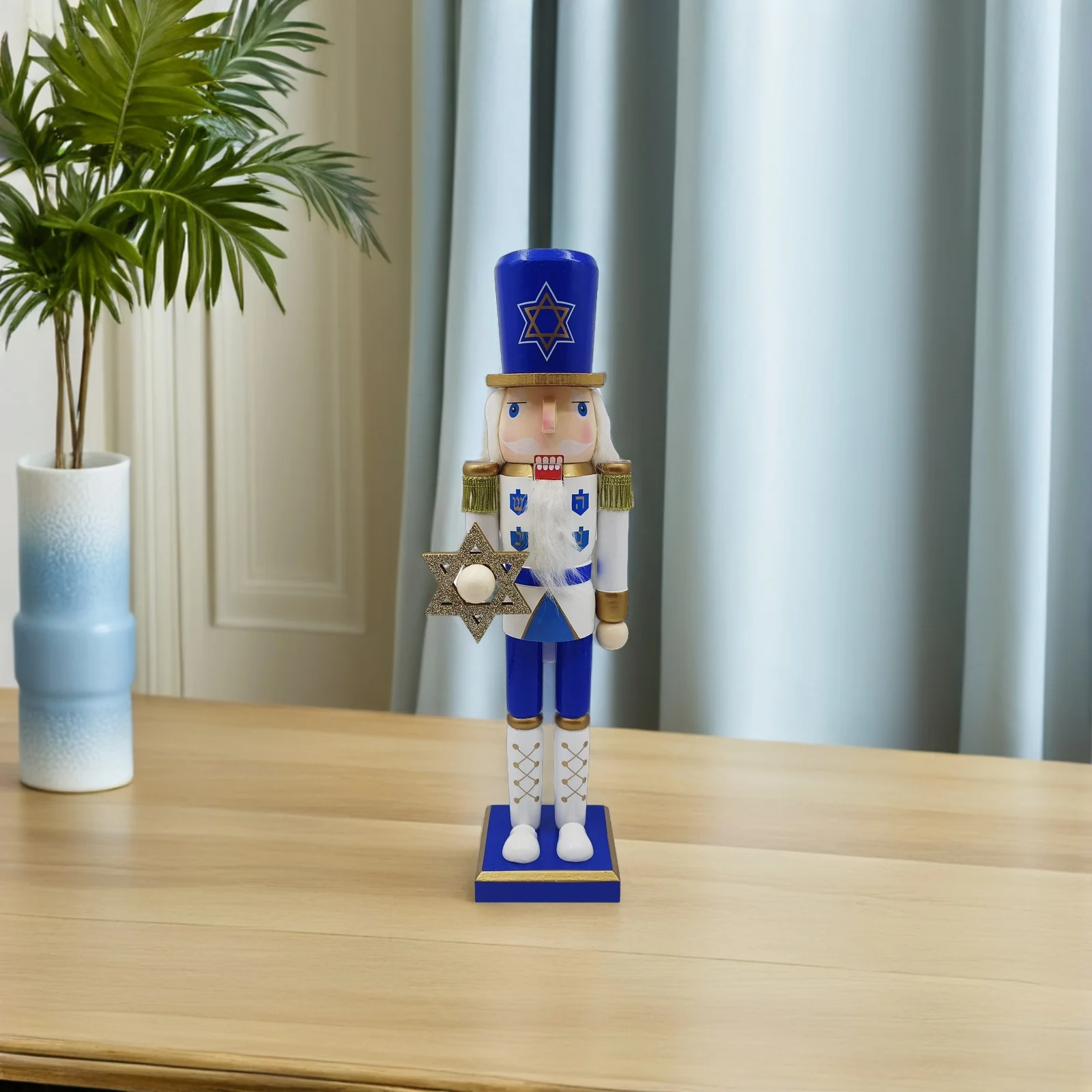 38Cm Hanukkah casse-noisette soldat ornement en bois bleu Judaica fête approvisionnement pour salon étagère hiver à plusieurs niveaux