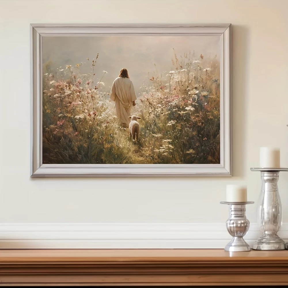 Cuadro Retro de Jesús y los ovejas perdidas, buen pastor, arte de pared, impresión en lienzo, póster, imagen para dormitorio, sala de estar, decoración del hogar
