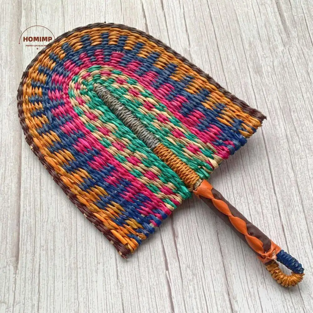 

Colorful Striped Patterns Seagrass Woven Fan Vintage Anti-Mosquito Cattail Fan Lightweight Portable Hand Braided Fan Indoor