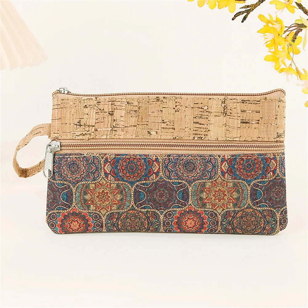 

New Retro Cork Print Women Coin Purse Portable Cell Phone Pouch Mini Wallet Double Layer Zipper Key Money Bag Vintage Clutch Bag