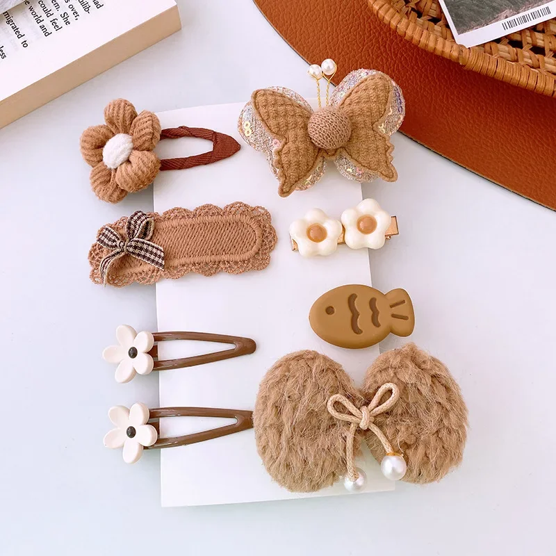 8pcs/set Sweet Girl Hair Clip Cartoon Bear Floral Bowknot Hair Pin for Toddler Girls Lovely Beige Coffee Color Kid baby Headwear