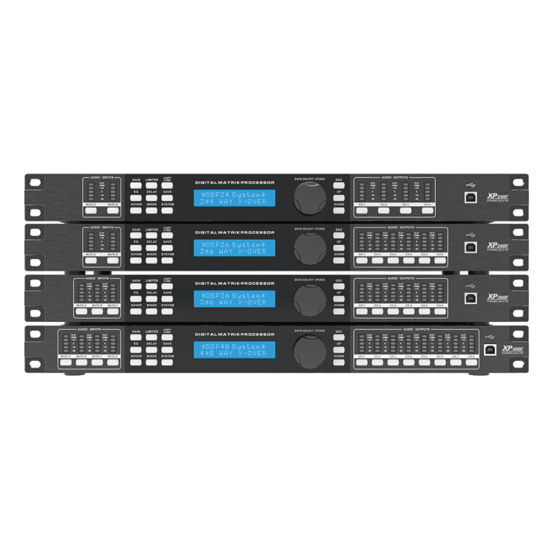 

XP240 Профессиональный аудио 2-канальный вход 4-канальный выходной процессор 48 кГц Link Цифровая система управления динамиками Обменитель задержки FIR-фильтрация
