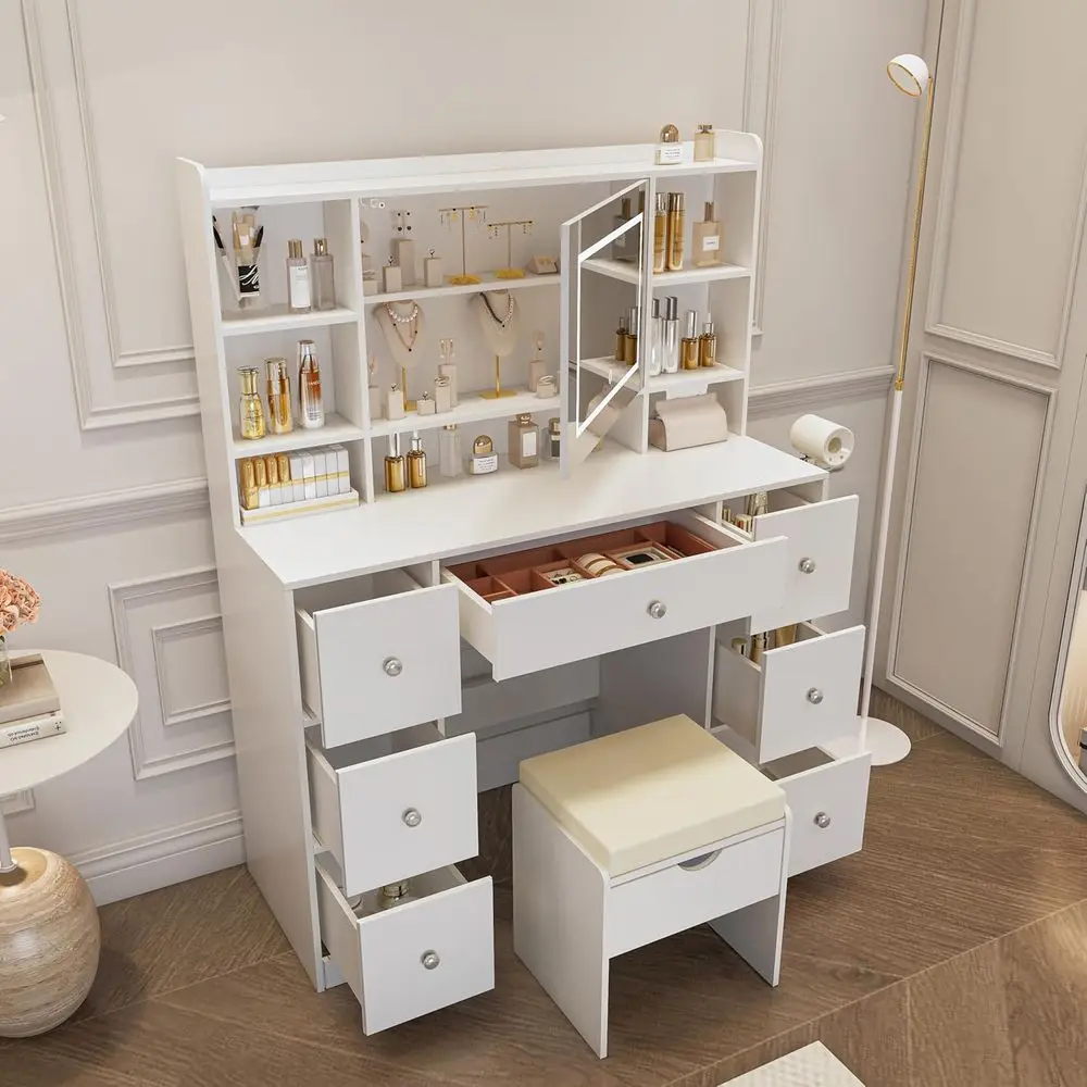 DAFIFY Mirror & LED Lights Desk with Power Outlet, Dimmable Lighting, 7 Drawers & Storage, Padded Stool - Bedroom Dressing Room