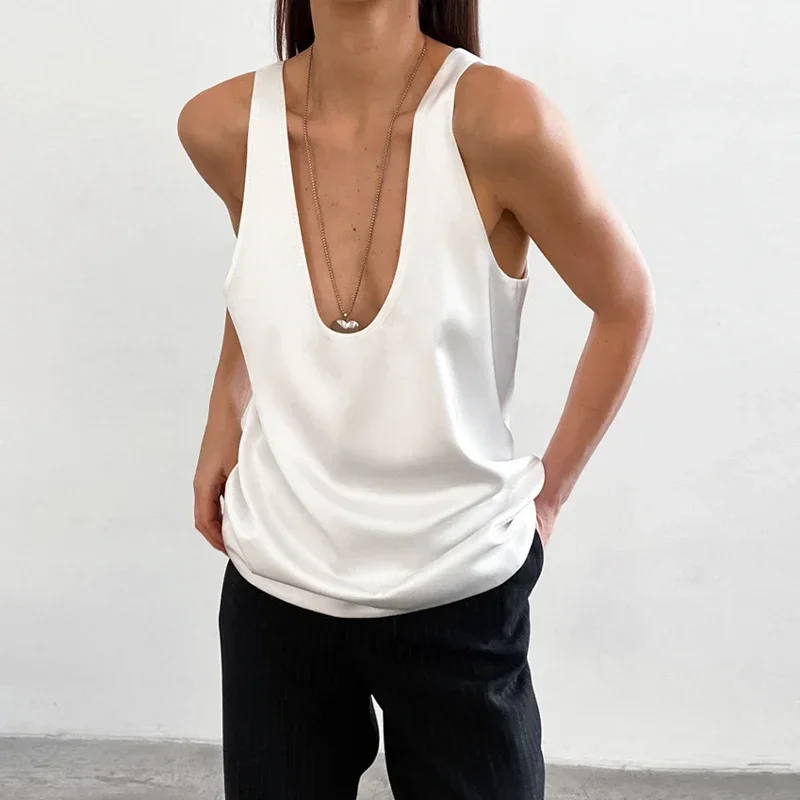 

Female Summer Solid Satin U-neck Sleeveless Off-shoulder Sexy Casual Temperament Vest Versatile Street Style Tank Tops