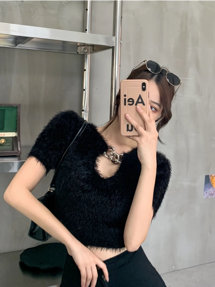 Woherb Women Short Slim Pullover Sexy Chain V-neck Cropped Sweater Chic 2024 Female Korean Mohair  Sleeve Ladies Jumper