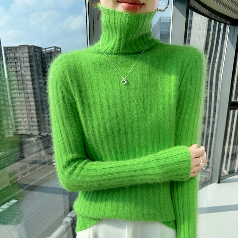 

Turtleneck 100% Pure Mink Cashmere Knitted Sweater Women's Pile Collar Slim Pullover Casual Warm Vertical Bar Tops Autumn Shirt