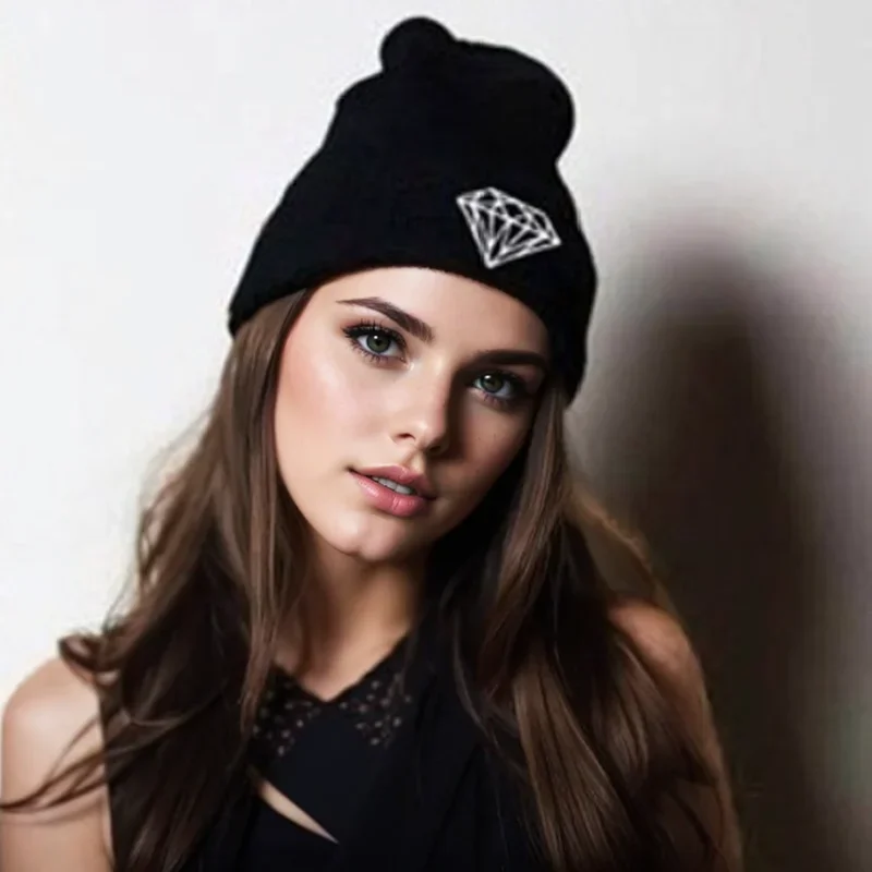 Diamond Pattern Embroidery Pullover Hat Autumn Winter Outdoor Warm Street Hip-hop Hat Fashion Versatile Solid Color Knitted Hat