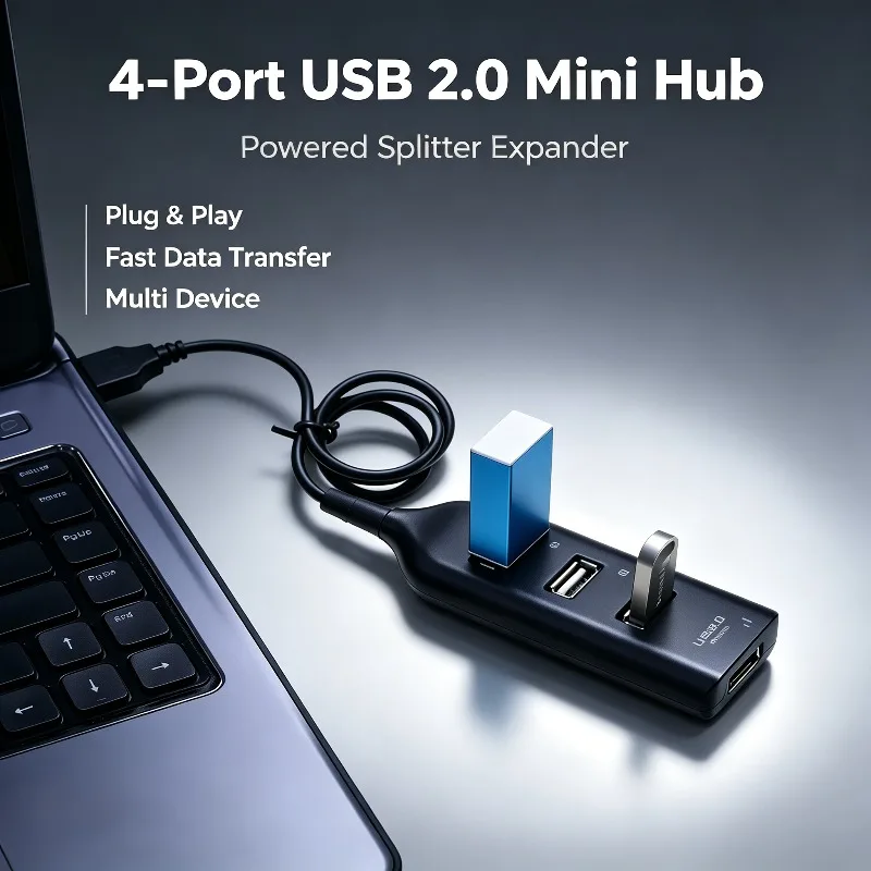 Mini USB 2.0 4-Port High-Speed Powered Hub USB Multi Port Splitter Expander Include Power Adapter for PC Laptop Data Transfer