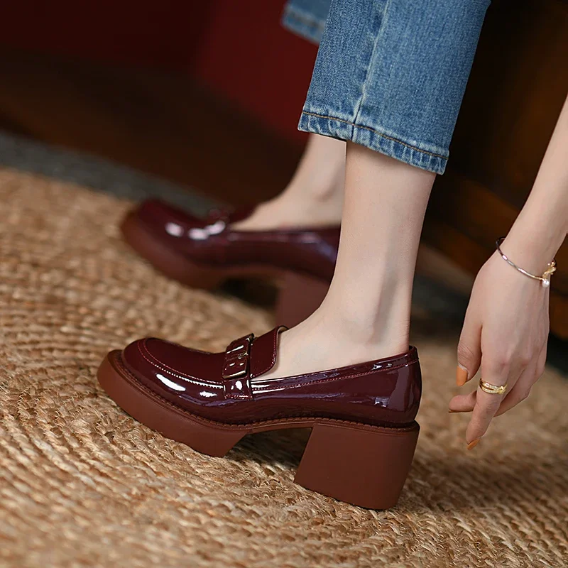 2022 Spring Platform Shoes Casual Slip-On Loafers Pantent Leather Round Toe Shoes Woman Chunky Heel Women Shoes Zapatos De Mujer