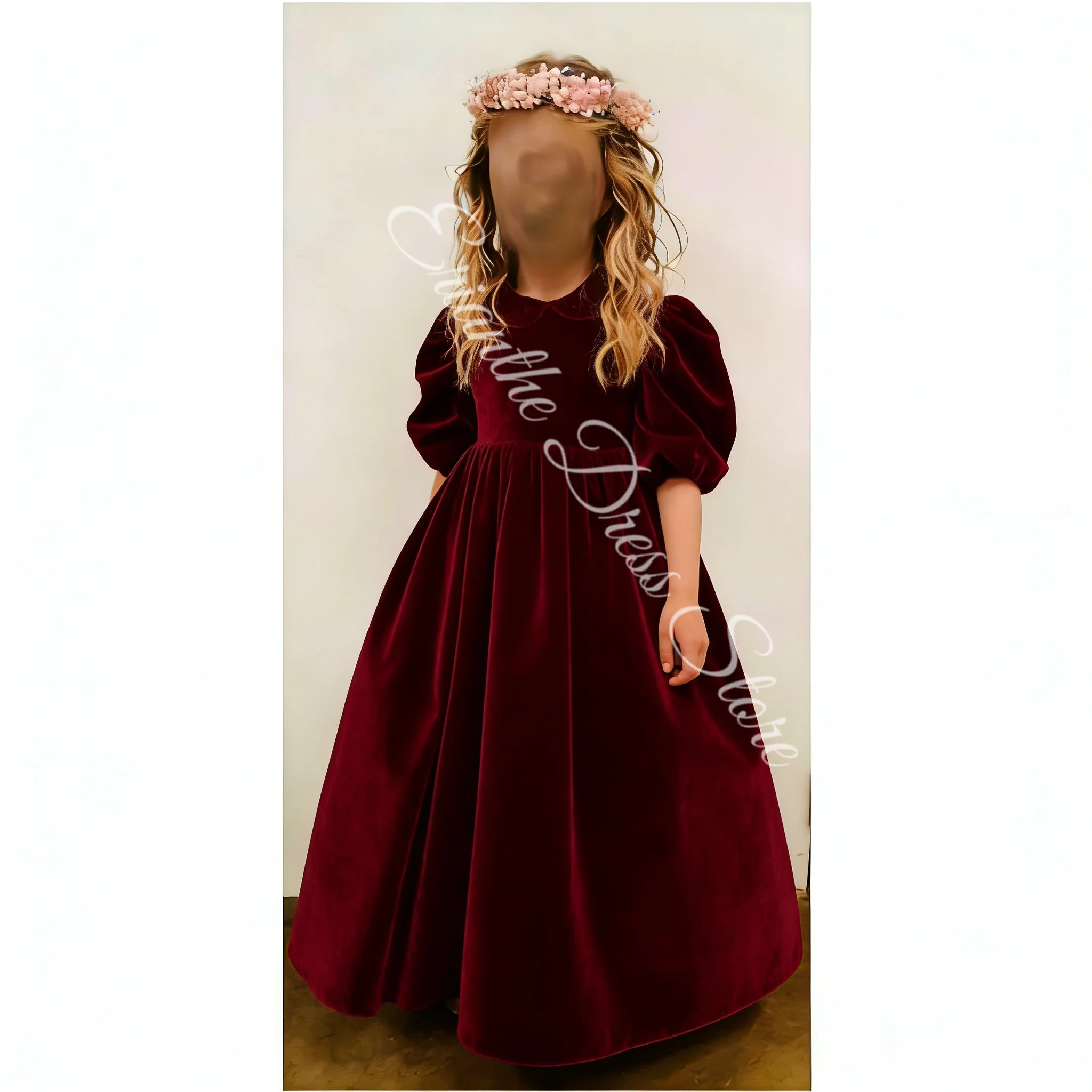 Red Velvet Flower Girl Dress For Wedding High Waist Bridesmaid Dress Kids Birthday Party First Communion Ball Gowns Customized